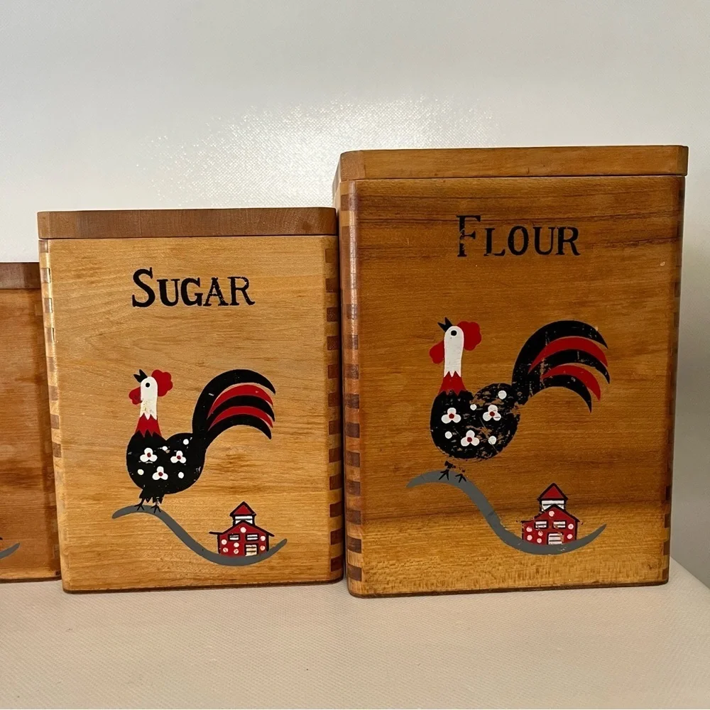 Vintage Wood Hand Painted Rooster Canister Set of 4